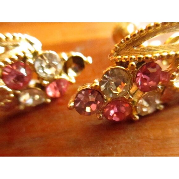 Vintage Coro Gold Tone Screw Back Earrings With Pink & Clear Rhinestones - Picture 4 of 6